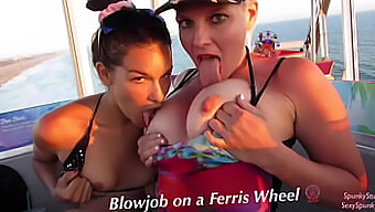 Public Double Blowjob With A Teen And A Milf On A Ferris Wheel