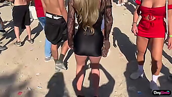 Big Ass Blonde Takes On A Group Of Guys In A Public Orgy